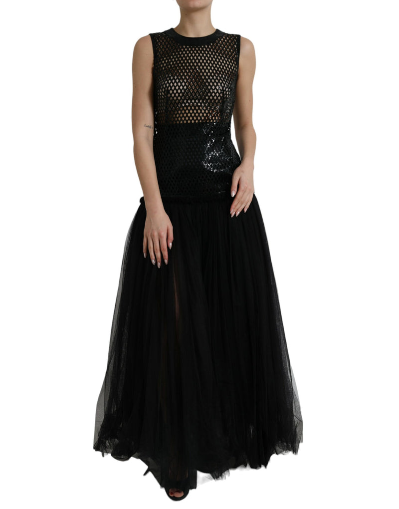 Black Sequined Sleeveless Mesh Layered Gown Dress-Dolce & Gabbana-LabelTerrace.com
