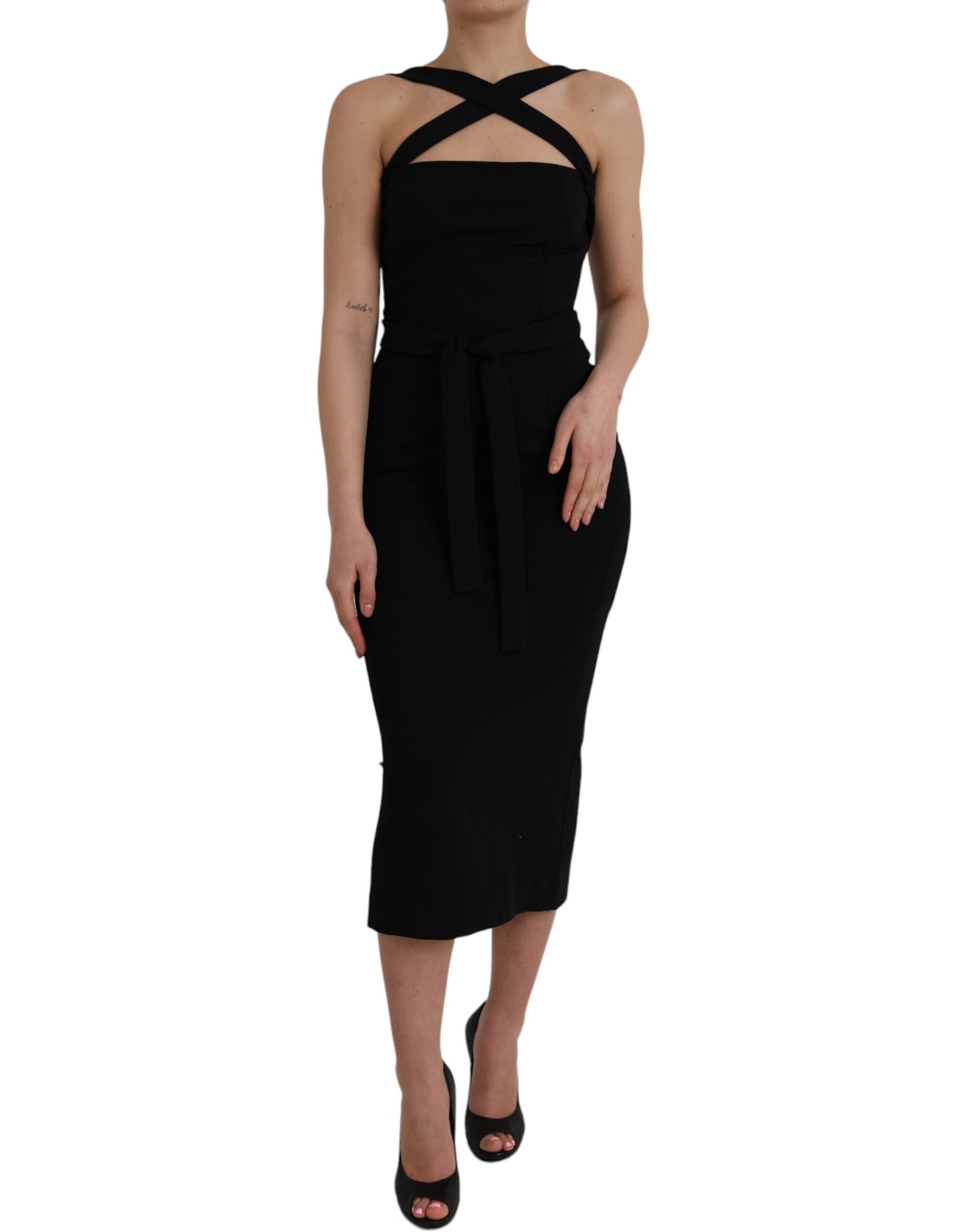 Black Sheath Halter Sleeveless Midi Dress-Dolce & Gabbana-LabelTerrace.com