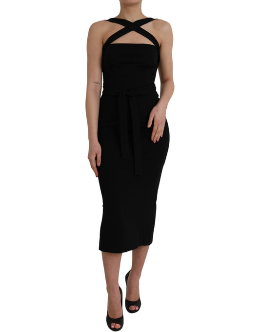 Black Sheath Halter Sleeveless Midi Dress-Dolce & Gabbana-LabelTerrace.com