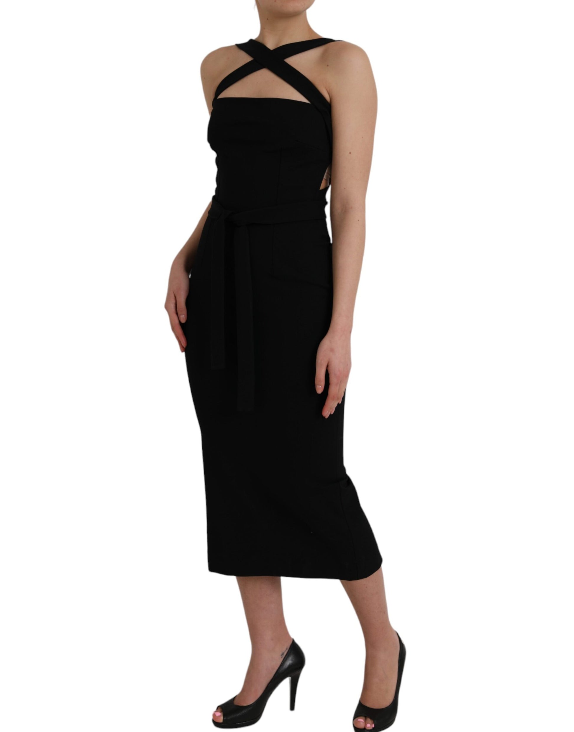 Black Sheath Halter Sleeveless Midi Dress-Dolce & Gabbana-LabelTerrace.com