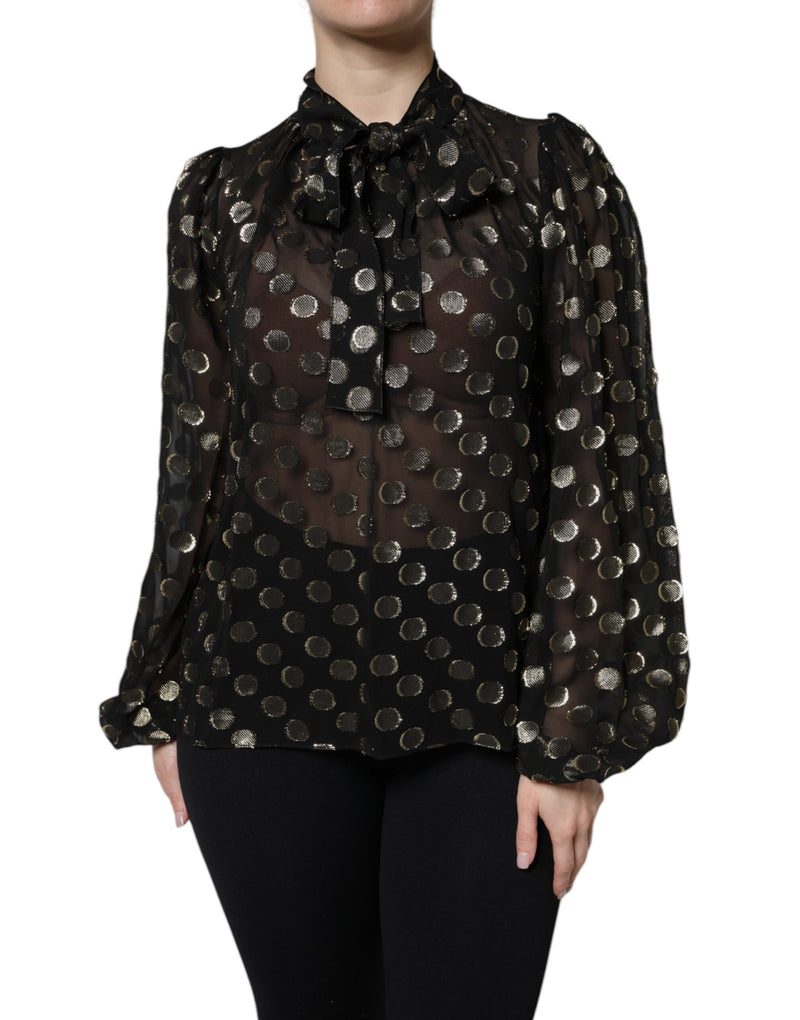 Black Sheer Tied Neck Polka Dots Blouse Top-Dolce & Gabbana-LabelTerrace.com
