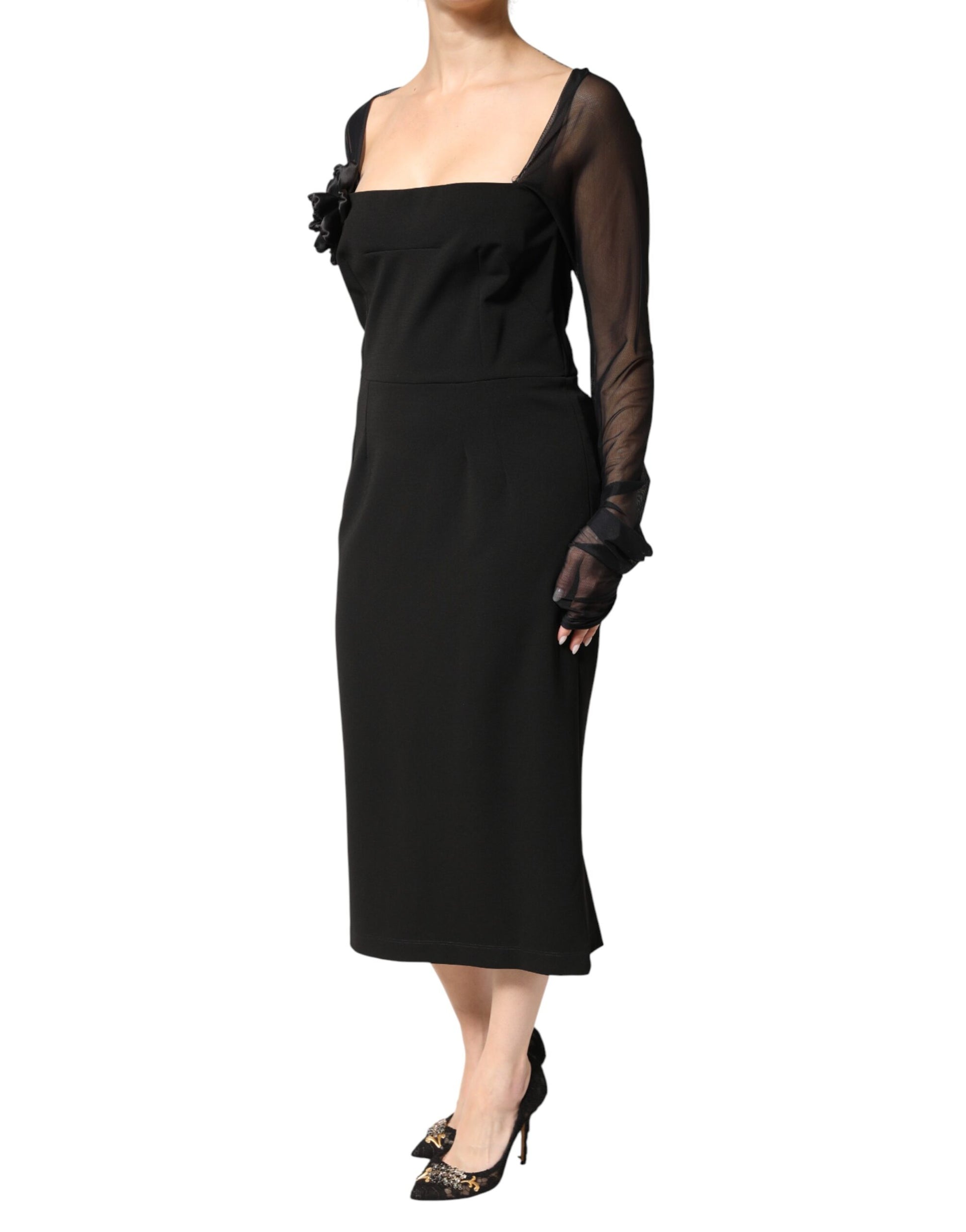 Black Sheer Yoke Rosette Sheath Midi Dress