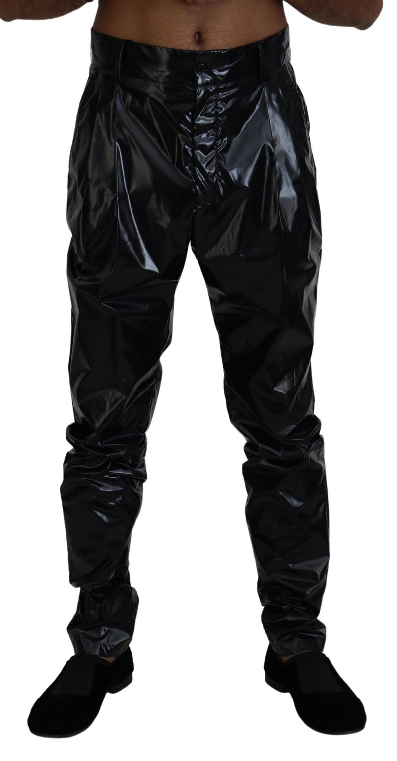 Black Shining Nylon Skinny Men Pants-Dolce & Gabbana-LabelTerrace.com