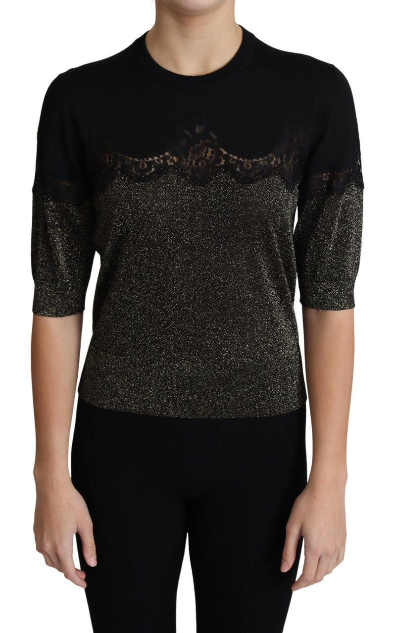 Black Shiny Lurex Lace Insert Pullover Top-Dolce & Gabbana-LabelTerrace.com