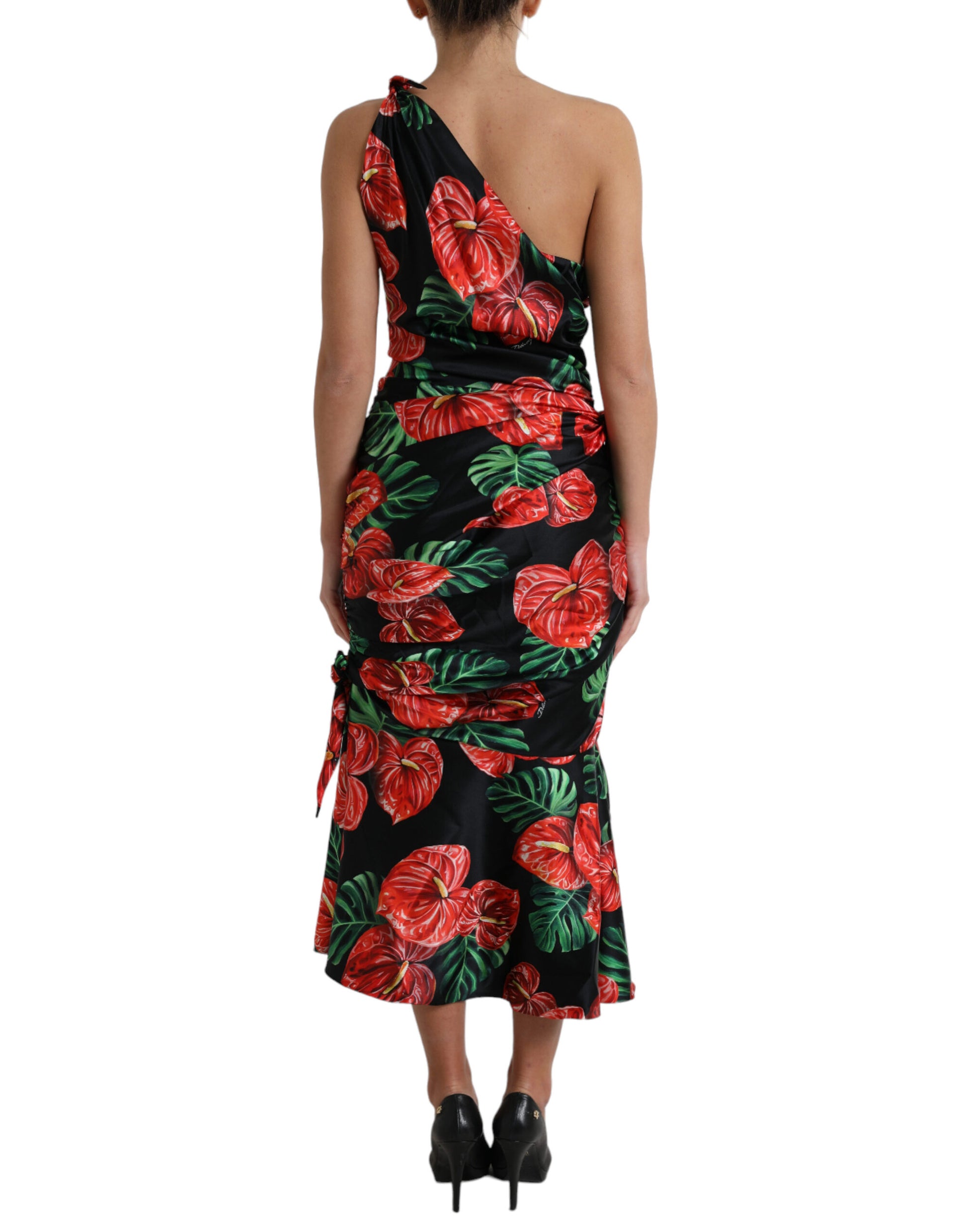 Black Shiny Silk Floral Print Draped Dress-Dolce & Gabbana-LabelTerrace.com