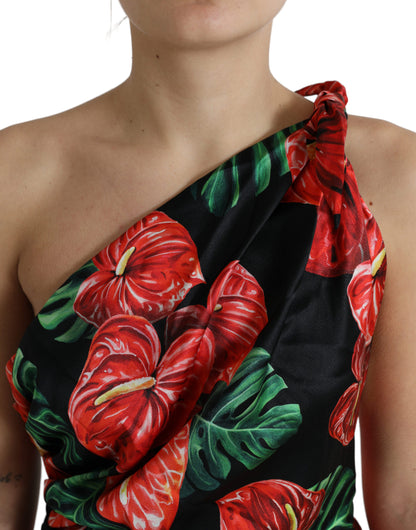 Black Shiny Silk Floral Print Draped Dress-Dolce & Gabbana-LabelTerrace.com