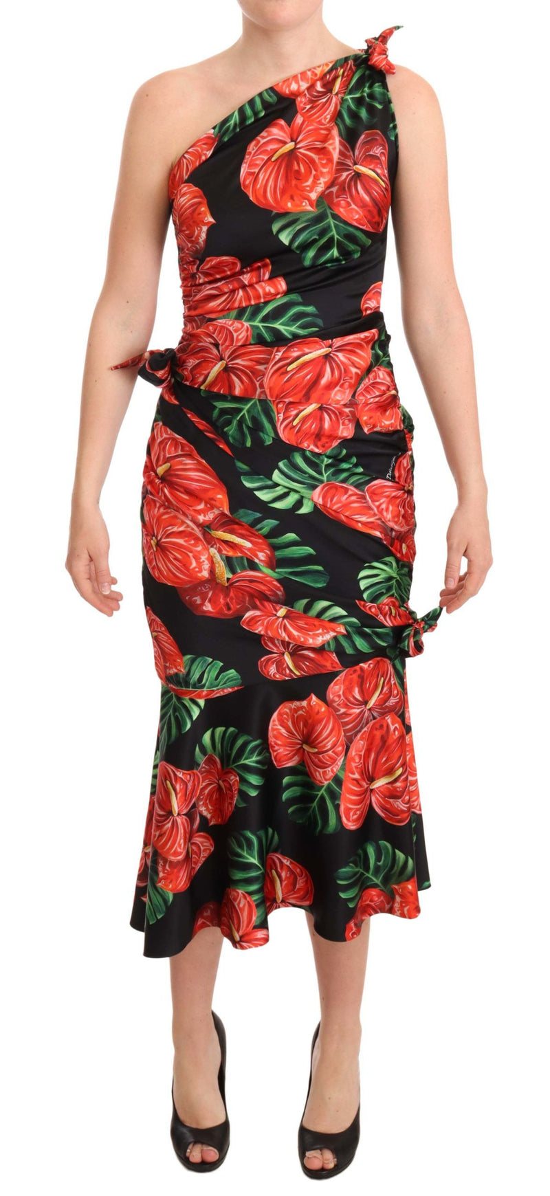 Black Shiny Silk Floral Print Draped Dress-Dolce & Gabbana-LabelTerrace.com