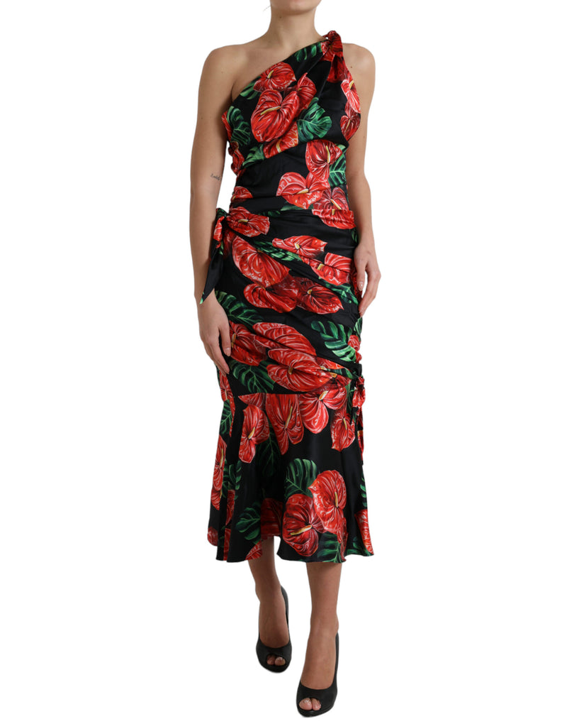 Black Shiny Silk Floral Print Draped Dress-Dolce & Gabbana-LabelTerrace.com