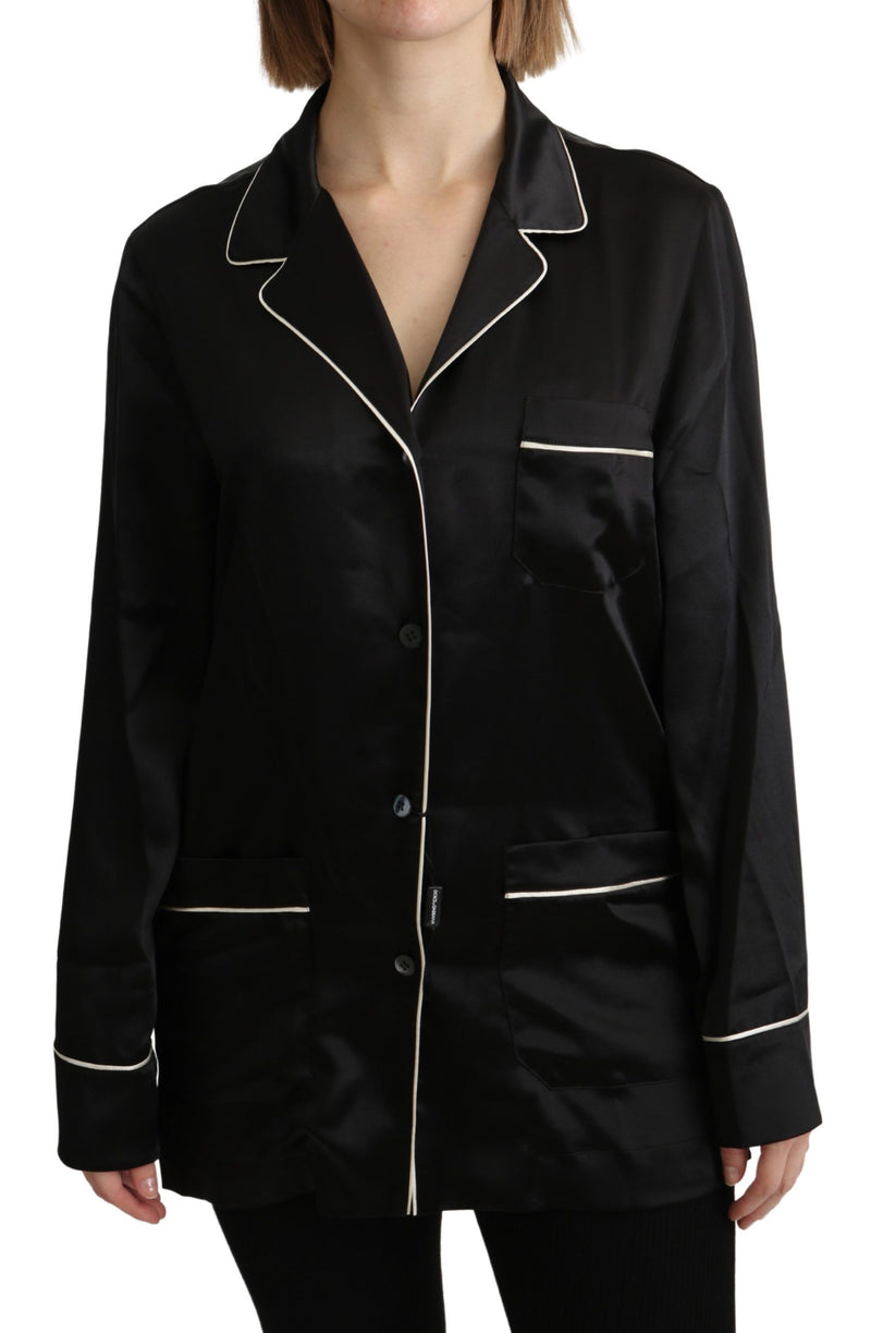 Black Shirt Silk Stretch Top Blouse-Dolce & Gabbana-LabelTerrace.com