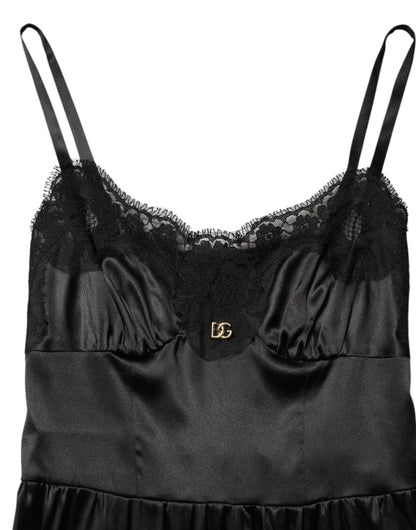 Black Silk Blend Lace Trim Sleeveless Mini Dress