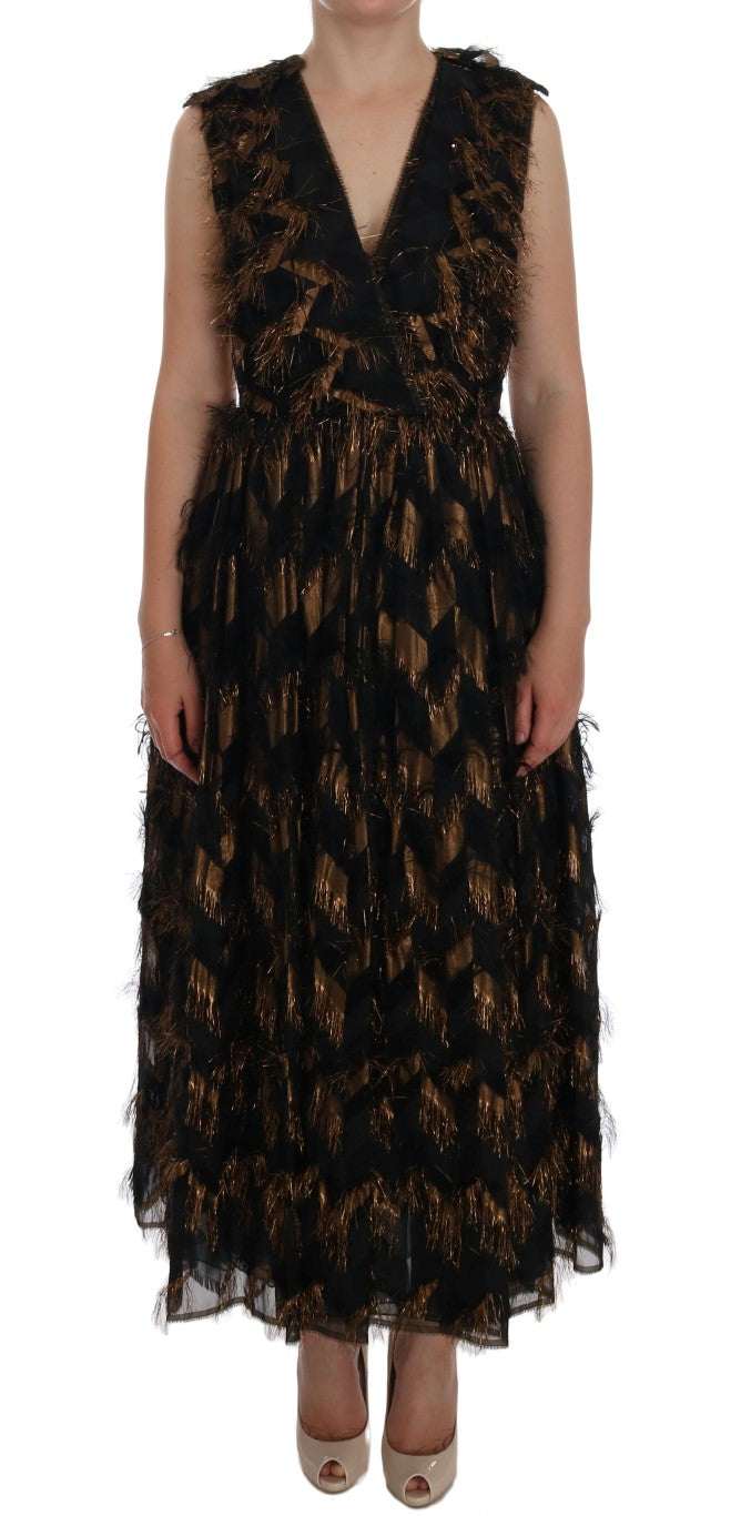Black Silk Brown Fringes A-Line Dress-Dolce & Gabbana-LabelTerrace.com