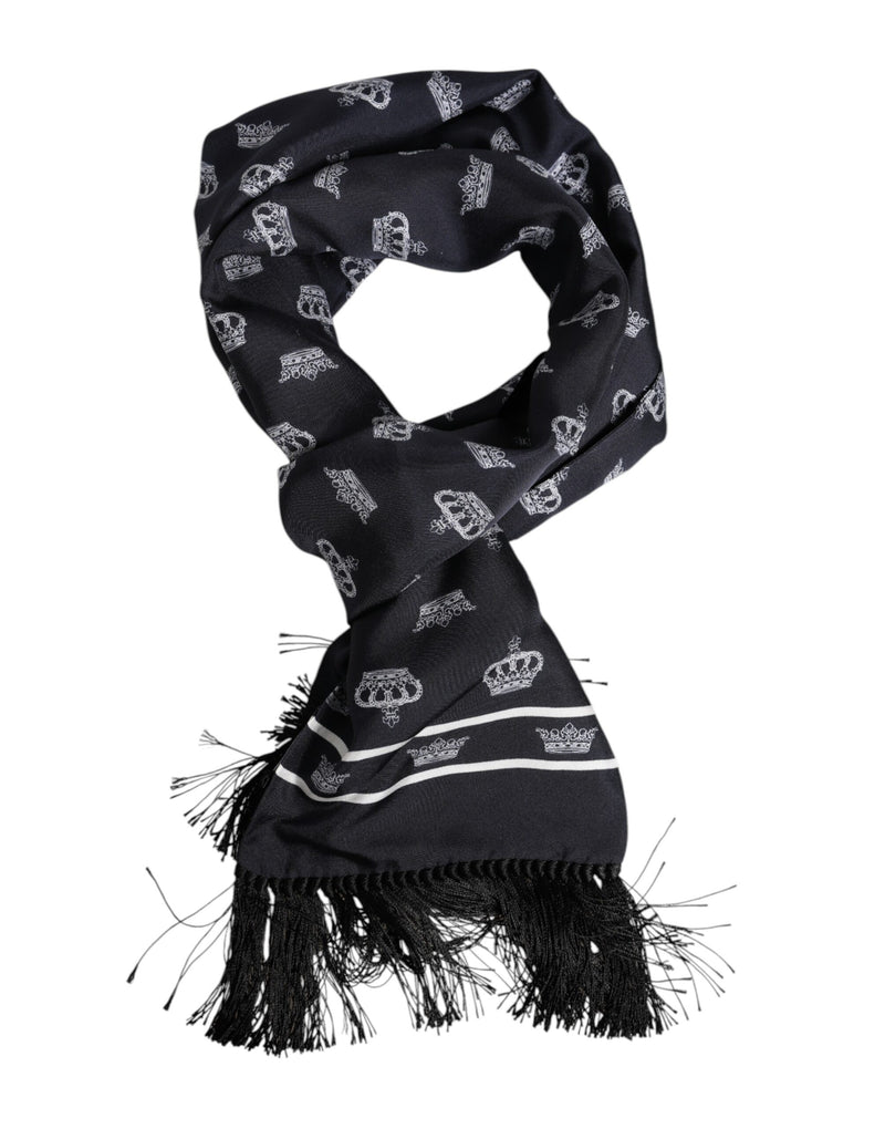 Black Silk Crown Fringes Men Foulard Scarf-Dolce & Gabbana-LabelTerrace.com