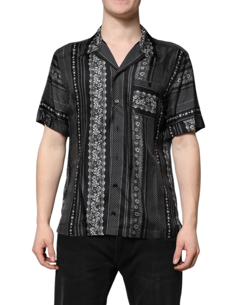 Black Silk Floral Print Short Sleeves Shirt-Dolce & Gabbana-LabelTerrace.com