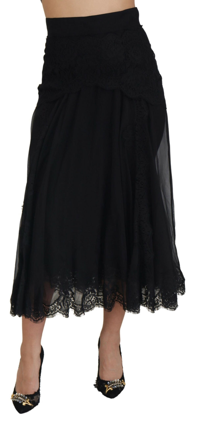 Black Silk Lace Trim High Waist Midi Skirt-Dolce & Gabbana-LabelTerrace.com