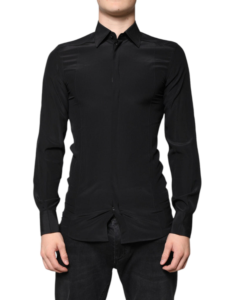Black Silk Long Sleeves GOLD Dress Shirt-Dolce & Gabbana-LabelTerrace.com