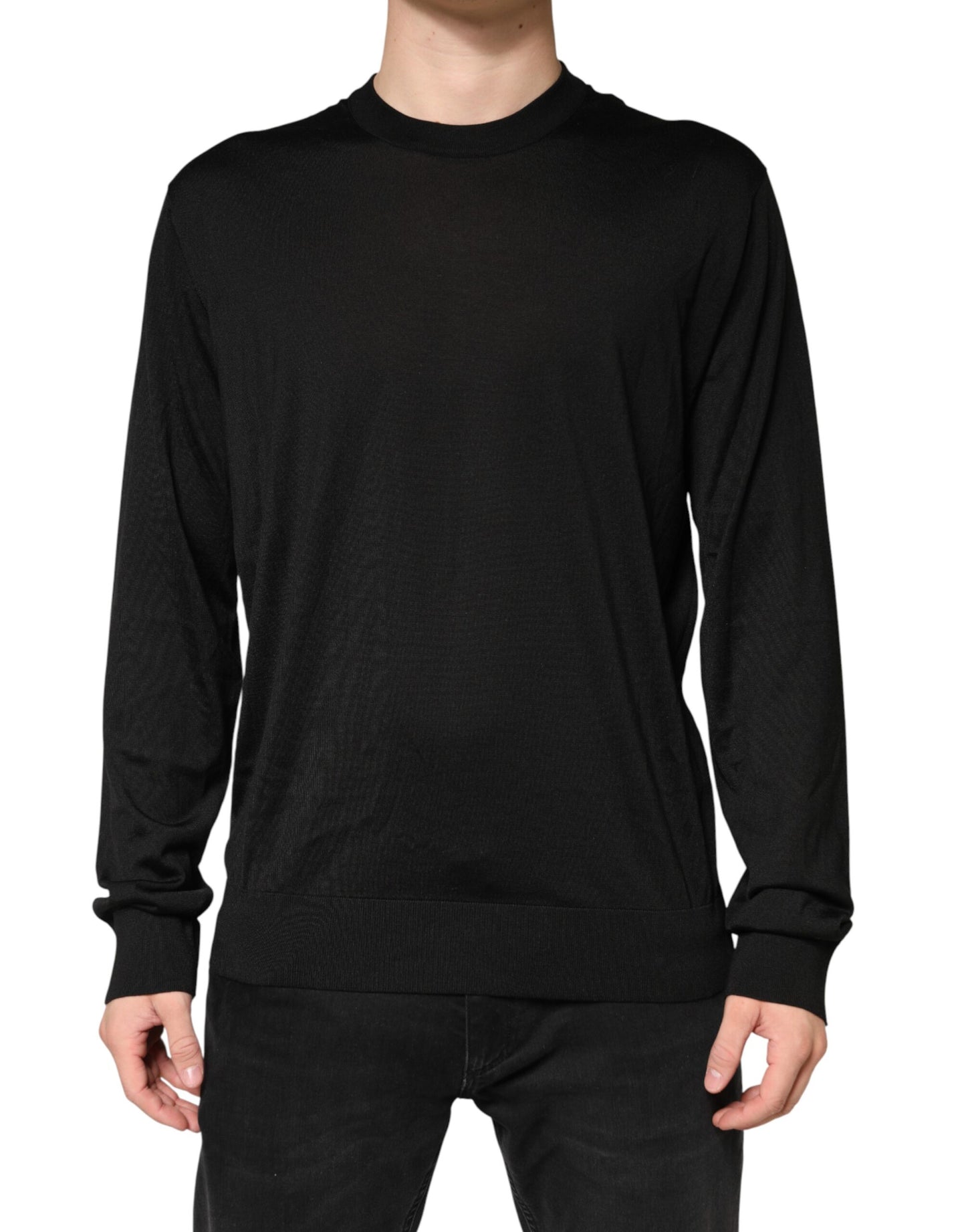 Black Silk Men Crew Neck Pullover Sweater