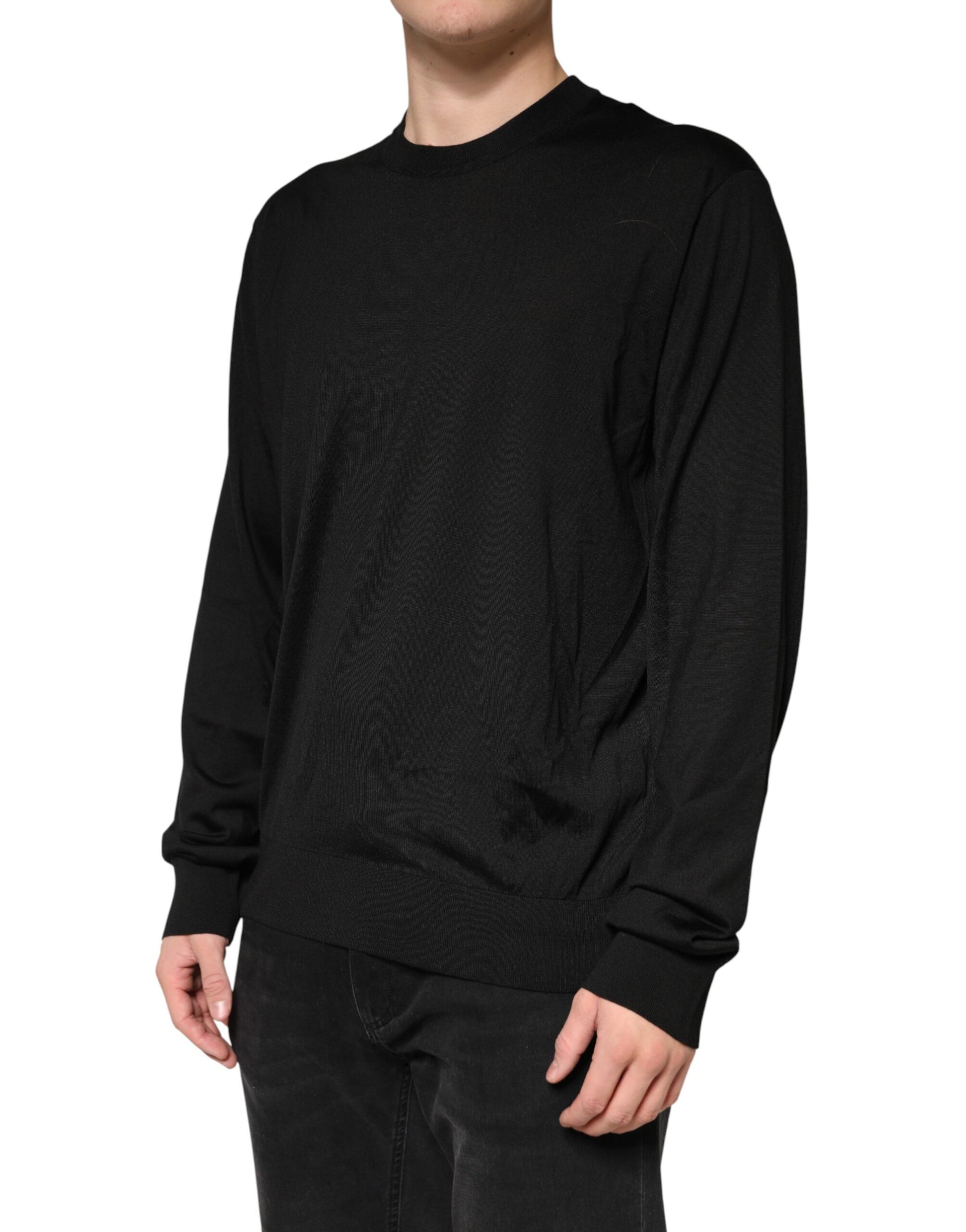 Black Silk Men Crew Neck Pullover Sweater