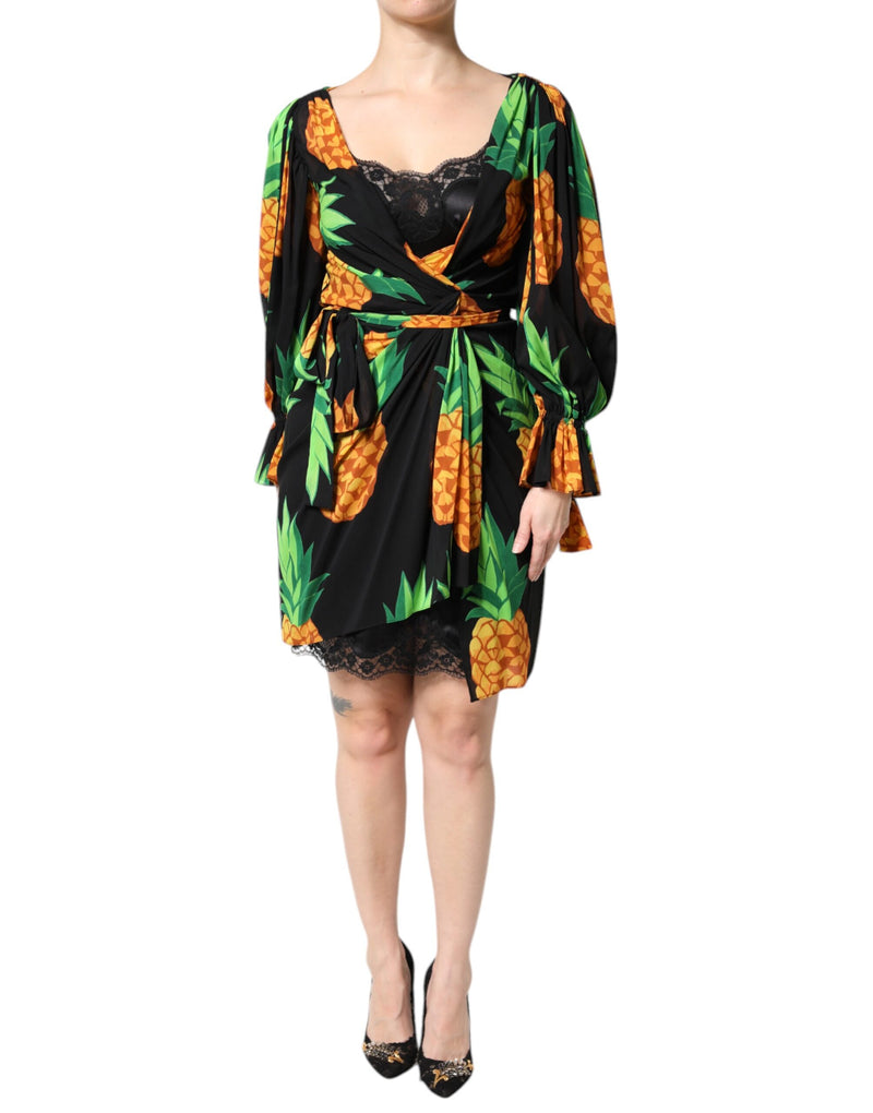 Black Silk Pineapple Draped Print Wrap Dress-Dolce & Gabbana-LabelTerrace.com