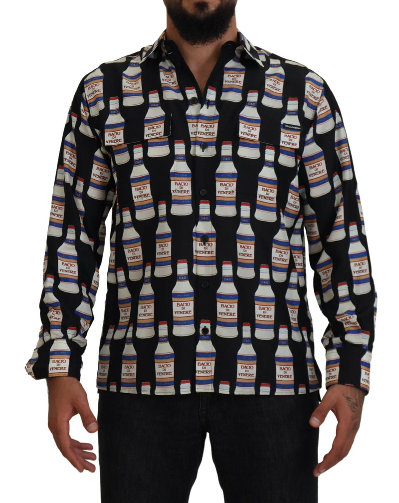 Black Silk Printed Collared Men Casual Shirt-Dolce & Gabbana-LabelTerrace.com