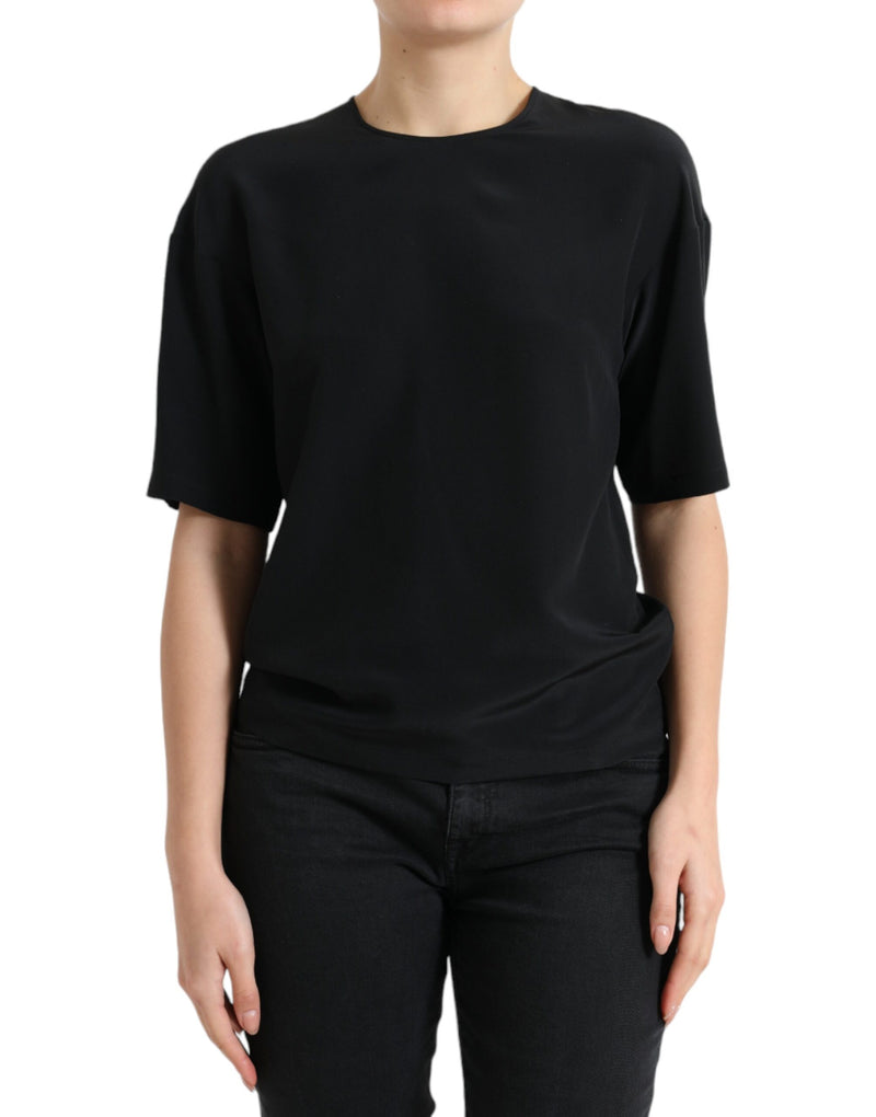 Black Silk Round Neck Short Sleeve Blouse Top-Dolce & Gabbana-LabelTerrace.com