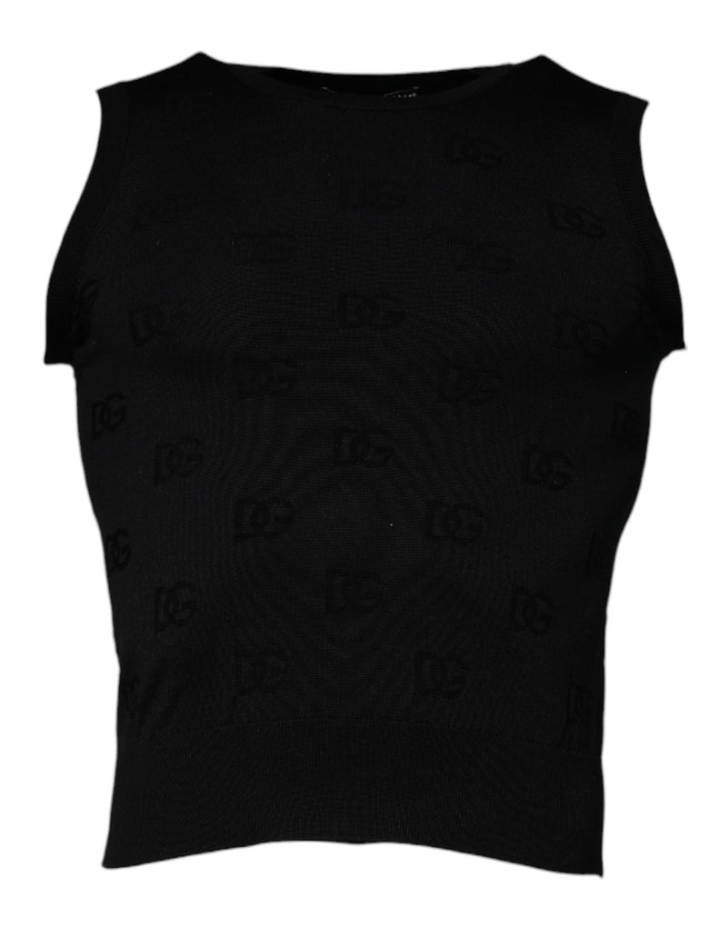 Black Silk Round Neck Sleeveless T-shirt-Dolce & Gabbana-LabelTerrace.com
