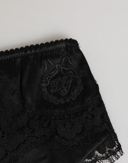 Black Silk Satin Floral Lace Panty Brief Underwear
