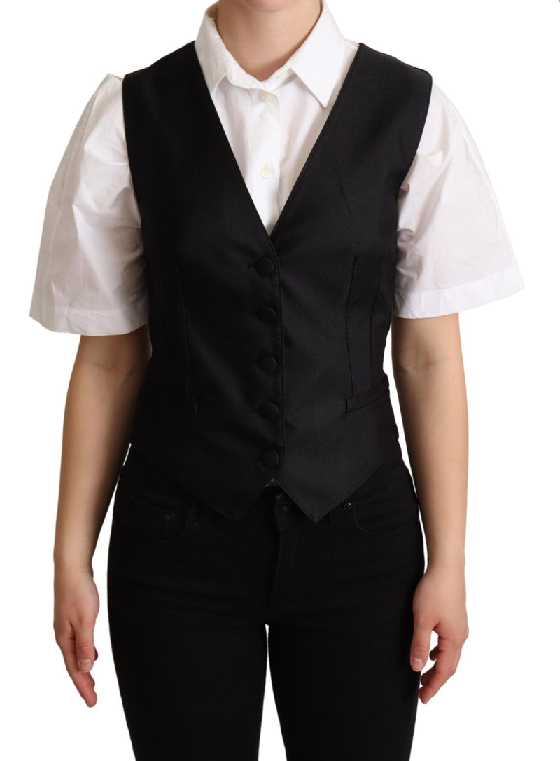 Black Silk Sleeveless Waistcoat Vest-Dolce & Gabbana-LabelTerrace.com