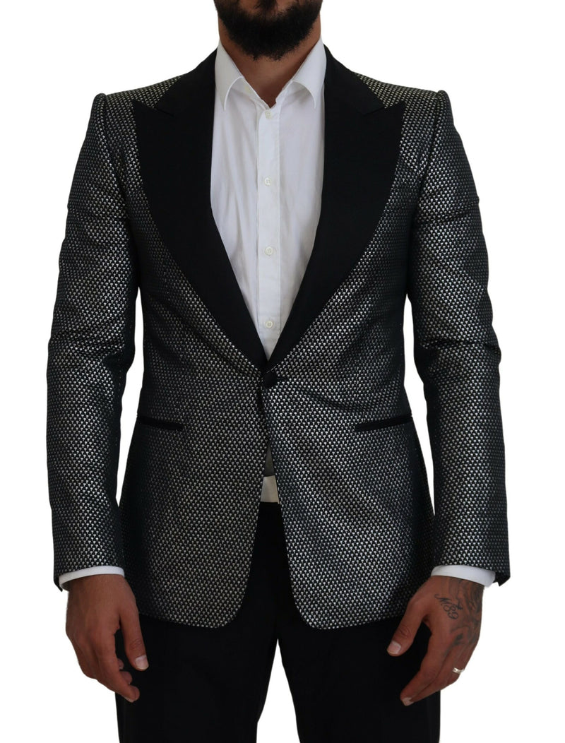 Black Silver Jacquard Slim Fit Jacket Blazer-Dolce & Gabbana-LabelTerrace.com
