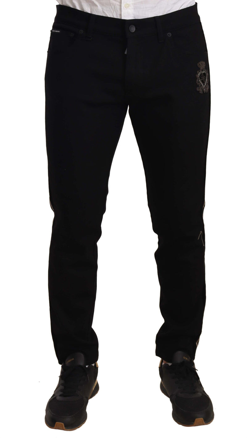 Black Skinny Fit Denim Side Band Jeans Pant-Dolce & Gabbana-LabelTerrace.com