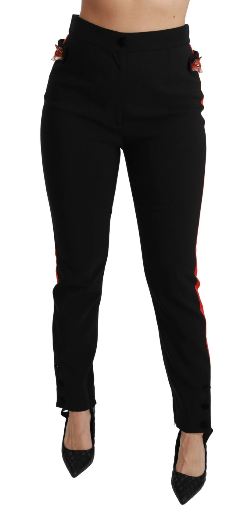 Black Skinny Stretch Fox Head Cotton Pants-Dolce & Gabbana-LabelTerrace.com