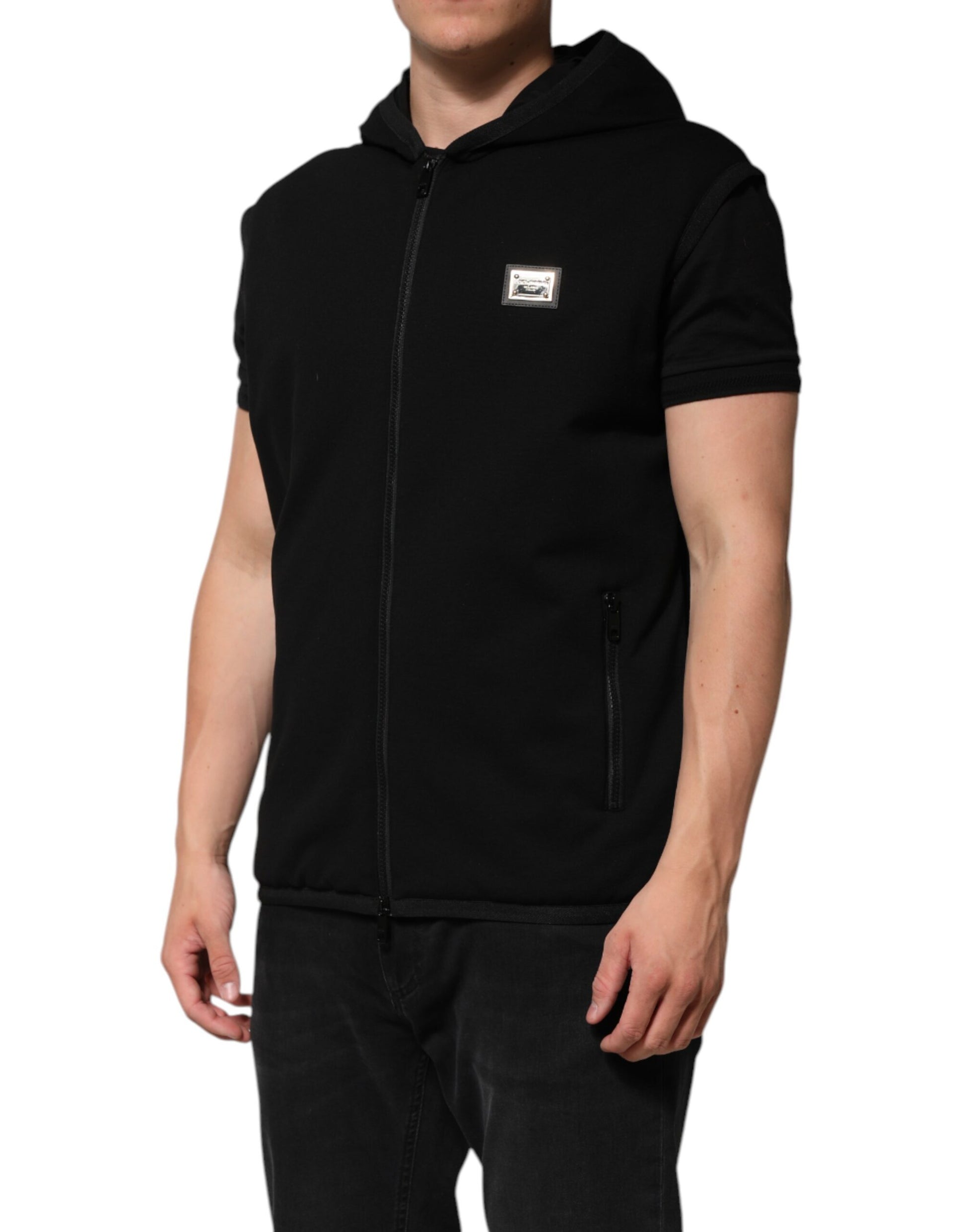Black Sleeveless Hooded Logo Plaque Jacket