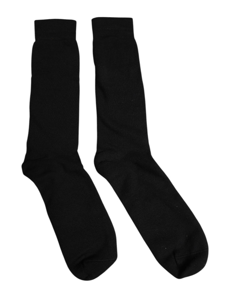 Black Solid Cotton Mid Calf Men Socks-Dolce & Gabbana-LabelTerrace.com
