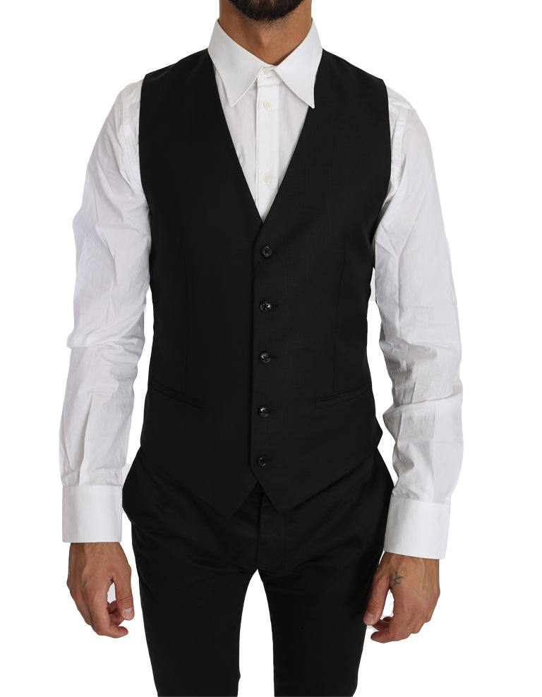Black Solid Wool Silk Waistcoat Vest-Dolce & Gabbana-LabelTerrace.com