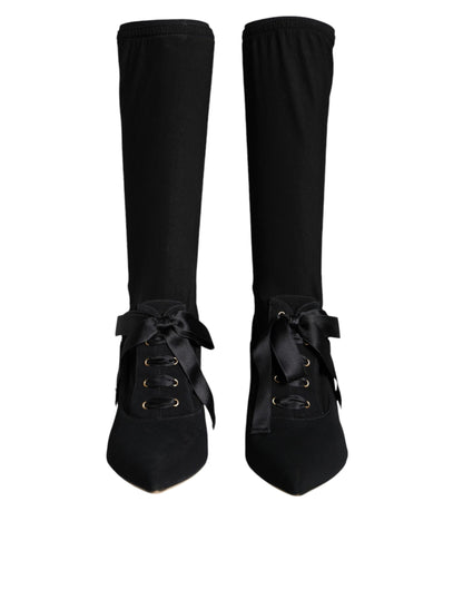 Black Stiletto Heels Mid Calf Boots Shoes-Dolce & Gabbana-LabelTerrace.com