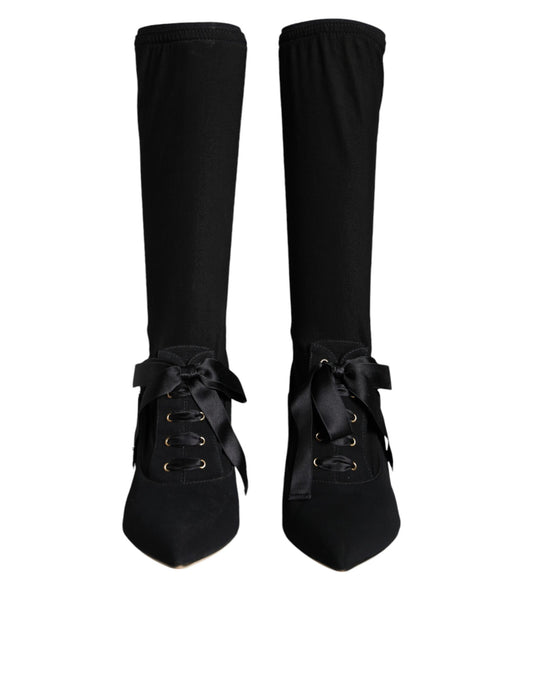 Black Stiletto Heels Mid Calf Boots Shoes-Dolce & Gabbana-LabelTerrace.com