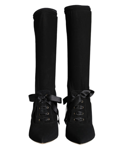 Black Stiletto Heels Mid Calf Boots Shoes-Dolce & Gabbana-LabelTerrace.com
