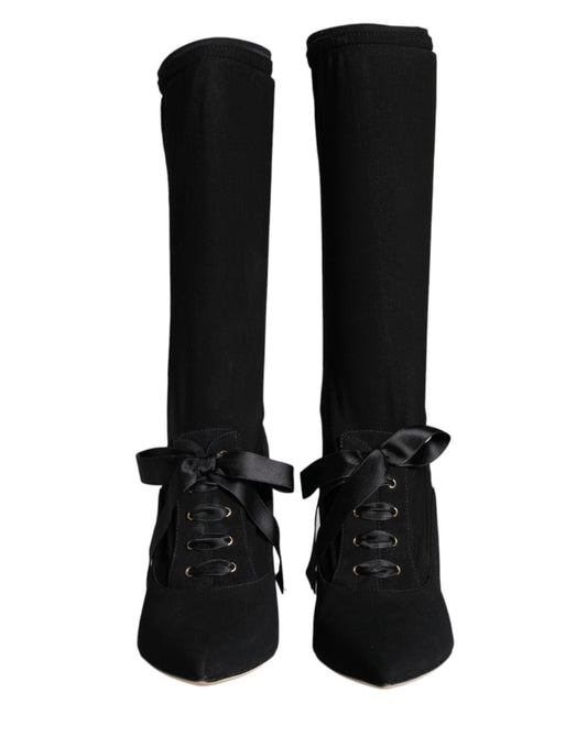 Black Stiletto Heels Mid Calf Boots Shoes-Dolce & Gabbana-LabelTerrace.com