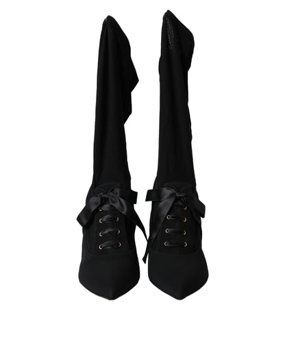 Black Stiletto Heels Mid Calf Boots Shoes-Dolce & Gabbana-LabelTerrace.com