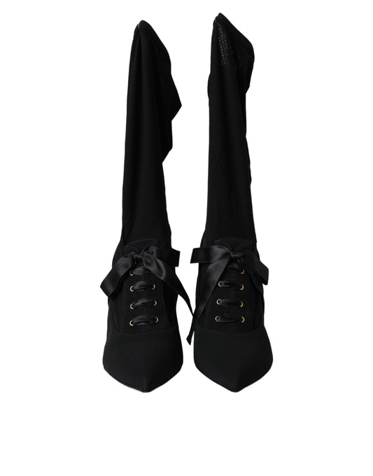 Black Stiletto Heels Mid Calf Boots Shoes-Dolce & Gabbana-LabelTerrace.com