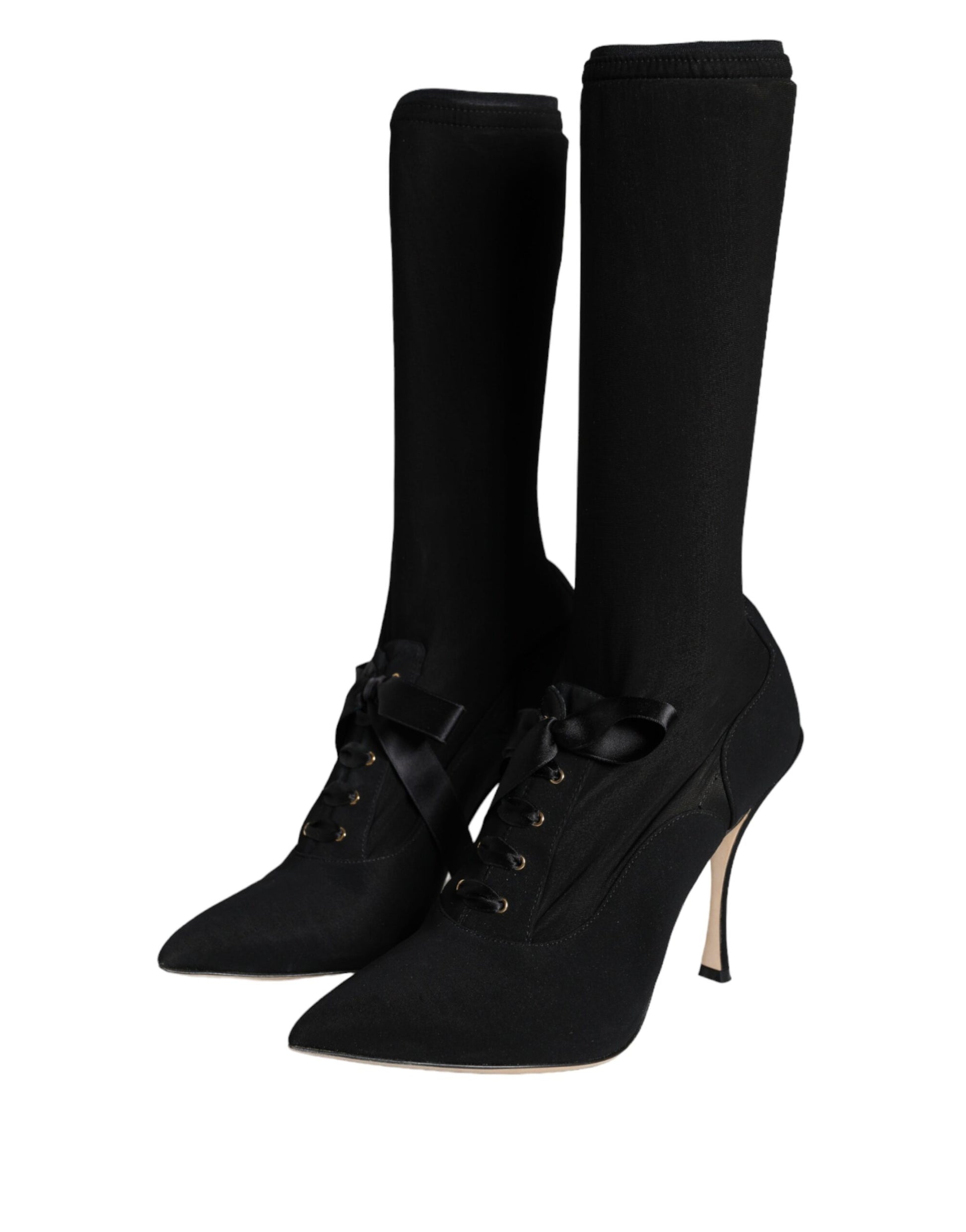 Black Stiletto Heels Mid Calf Boots Shoes-Dolce & Gabbana-LabelTerrace.com