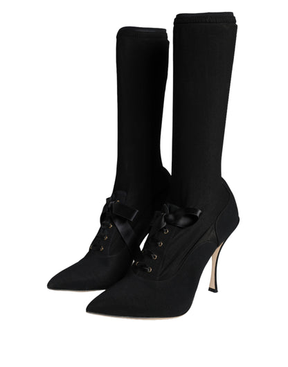 Black Stiletto Heels Mid Calf Boots Shoes-Dolce & Gabbana-LabelTerrace.com