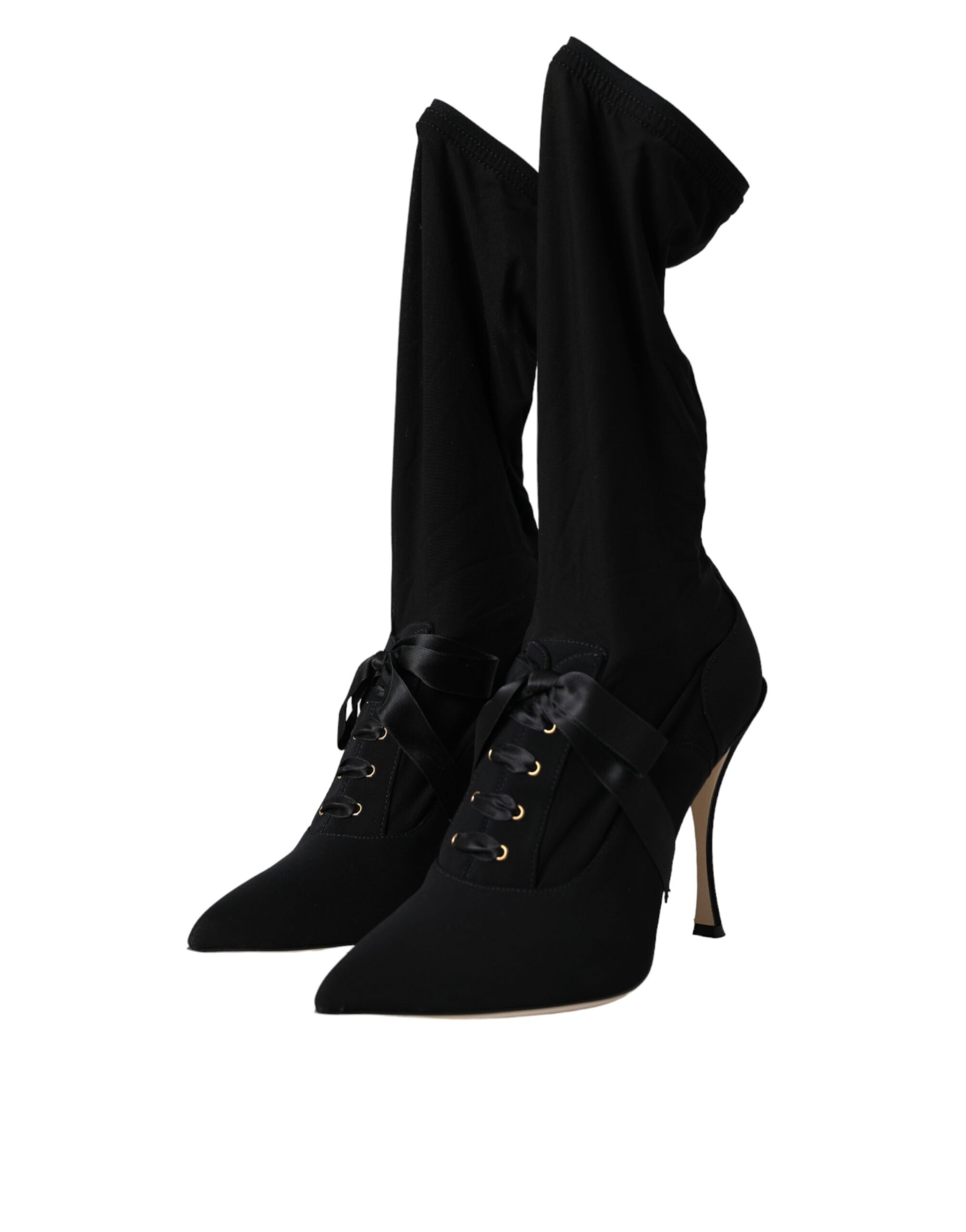 Black Stiletto Heels Mid Calf Boots Shoes-Dolce & Gabbana-LabelTerrace.com
