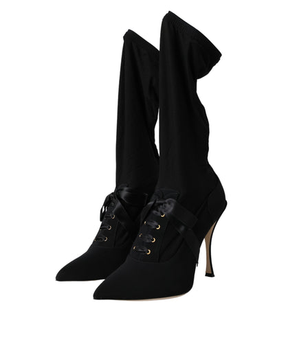 Black Stiletto Heels Mid Calf Boots Shoes-Dolce & Gabbana-LabelTerrace.com
