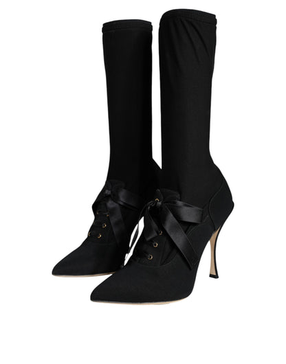 Black Stiletto Heels Mid Calf Boots Shoes-Dolce & Gabbana-LabelTerrace.com