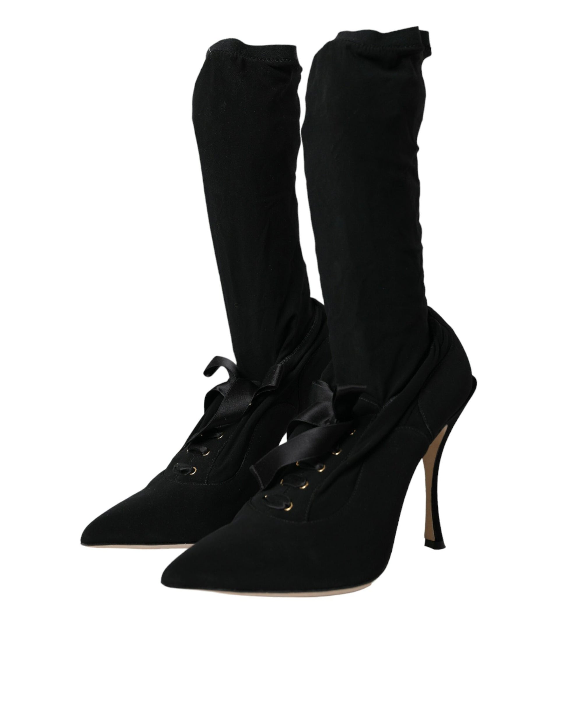 Black Stiletto Heels Mid Calf Boots Shoes-Dolce & Gabbana-LabelTerrace.com
