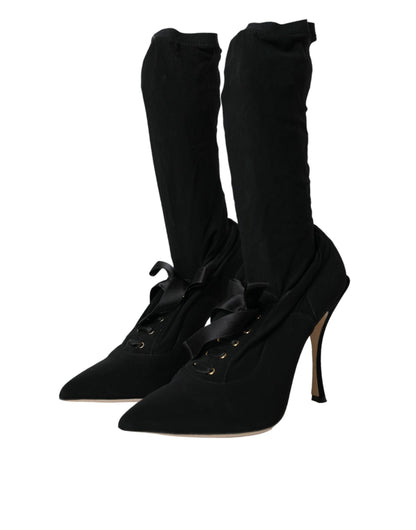 Black Stiletto Heels Mid Calf Boots Shoes-Dolce & Gabbana-LabelTerrace.com