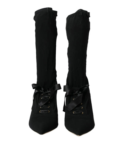 Black Stiletto Heels Mid Calf Boots Shoes-Dolce & Gabbana-LabelTerrace.com