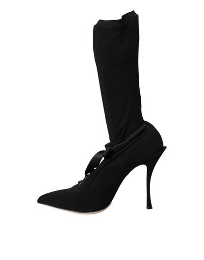 Black Stiletto Heels Mid Calf Boots Shoes-Dolce & Gabbana-LabelTerrace.com