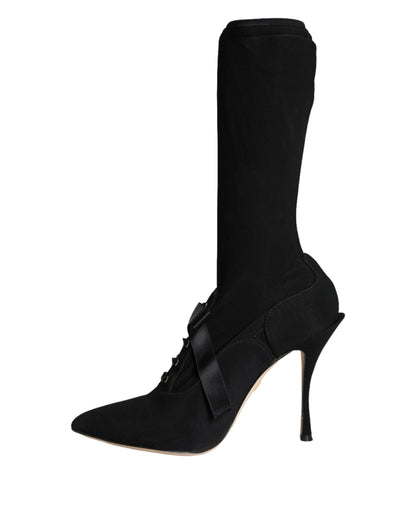 Black Stiletto Heels Mid Calf Boots Shoes-Dolce & Gabbana-LabelTerrace.com