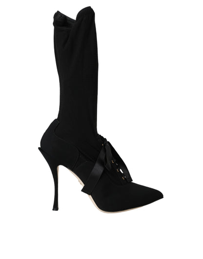Black Stiletto Heels Mid Calf Boots Shoes-Dolce & Gabbana-LabelTerrace.com